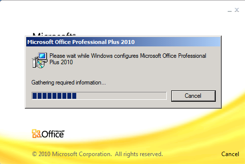 Microsoft Office Professional Plus 2010 finestra di dialogo Stato configurazione