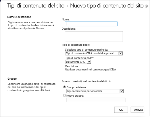 Finestra di dialogo per la creazione di tipi di contenuto