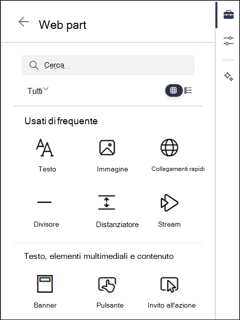 Web part elencate nel livello 2 della casella degli strumenti