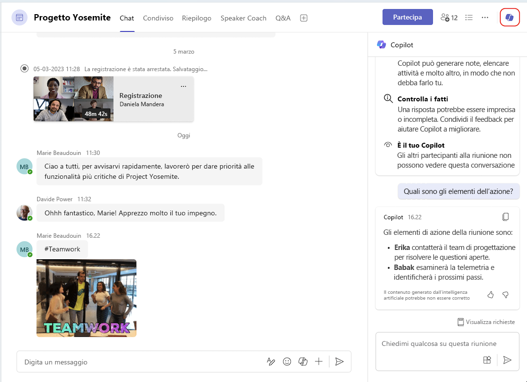 ingresso di copilot dalla chat della riunione