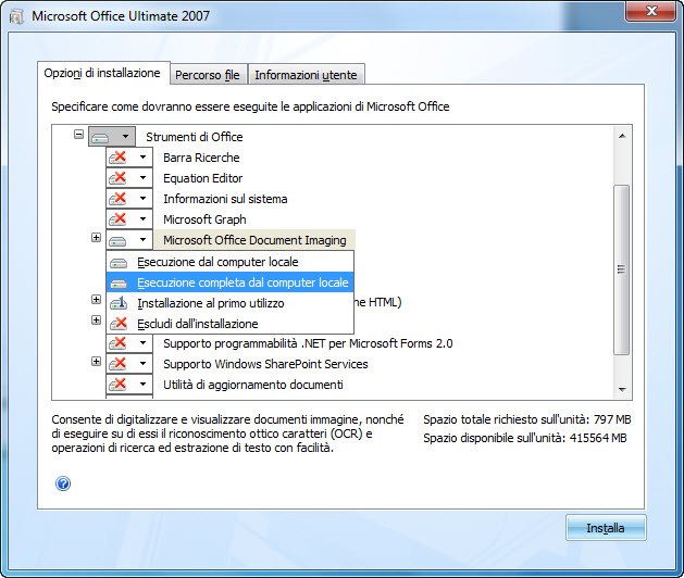 Screenshot che mostra la posizione di MODI durante l'installazione di Office System 2007: