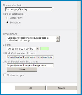 Schermata della finestra di dialogo Calendari sovrapposti in SharePoint. La finestra di dialogo mostra il nome e il tipo di calendario (Exchange), oltre a fornire gli URL di Outlook Web Access ed Exchange Web Access.