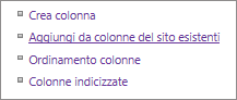 Primo piano del collegamento Aggiungi da colonne del sito esistenti nella pagina Impostazioni