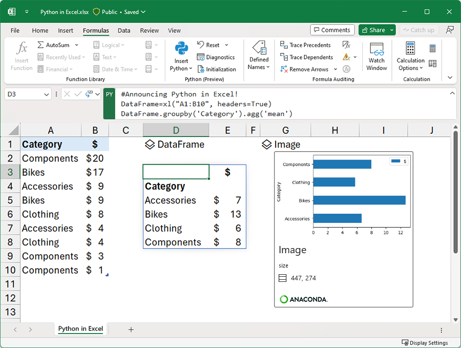 È disponibile Python in Excel. Screenshot di una cartella di lavoro di Excel contenente le formule di Python.