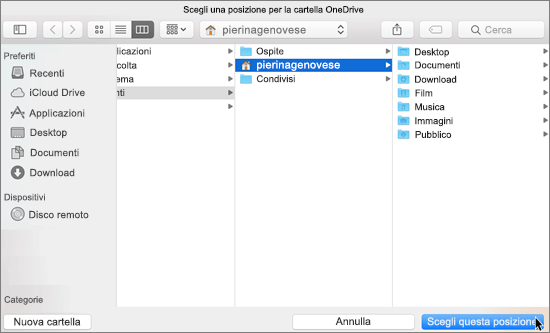 Scelta di un percorso di cartella nella procedura guidata Benvenuto in OneDrive in un Mac