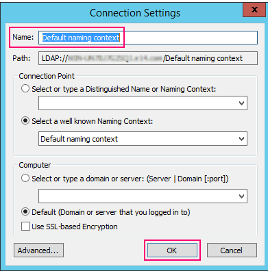 Screenshot che mostra la finestra di dialogo Impostazioni connessione.