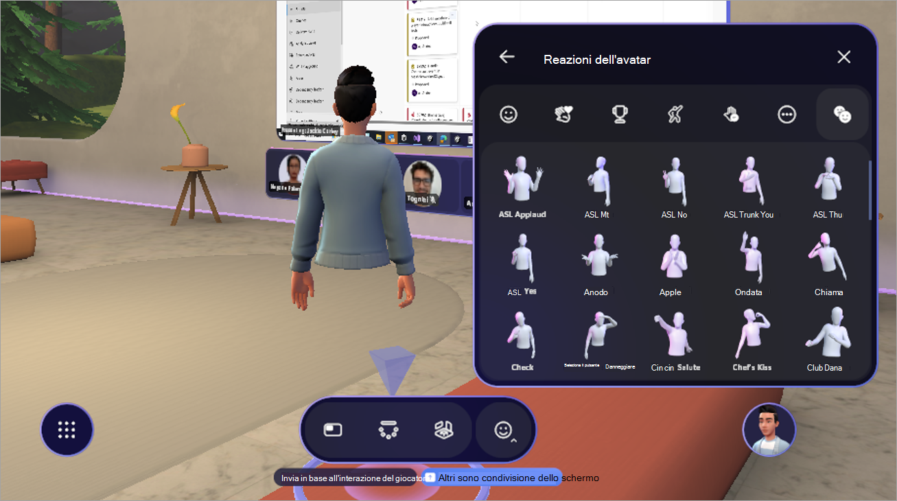 L'immagine mostra una sala virtuale con una persona che interagisce con un menu avatar sul lato destro dello schermo, che elenca 16 diverse azioni dell'avatar.