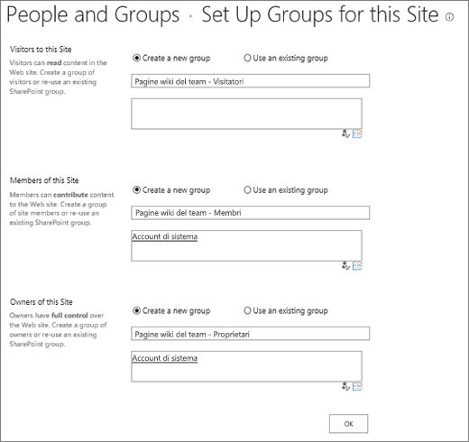 Finestra di dialogo Imposta gruppi per il sito