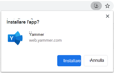 Screenshot che mostra la finestra di dialogo di installazione per l PWA Yammer app Chromium browser basati su Chromium browser
