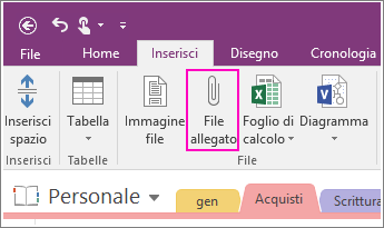 Screenshot of the Insert File Attachment button in OneNote 2016.