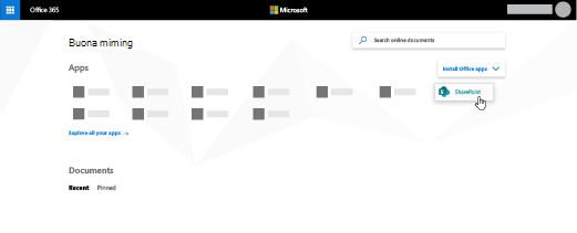 Home page di Microsoft 365 con l'app SharePoint evidenziata