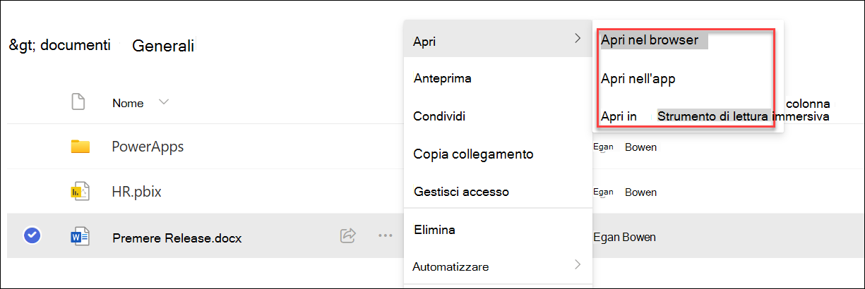 screenshot di tre opzioni aperte per un documento.