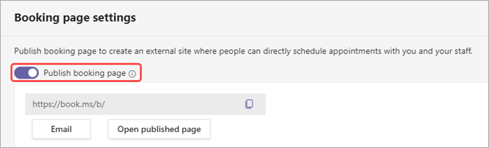 Screenshot dell'interruttore per pubblicare una pagina di prenotazione in Appuntamenti virtuali