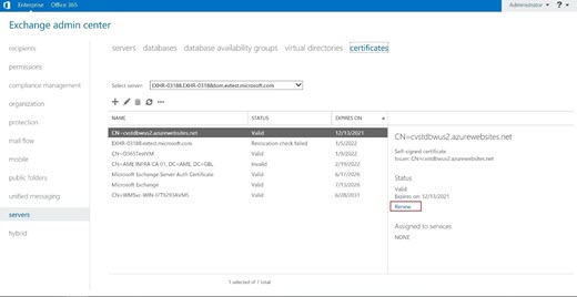 Screenshot della finestra Office 365 Exchange interfaccia di amministrazione