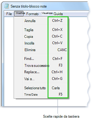 Immagine del menu Modifica nel Blocco note con le scelte rapide da tastiera accanto ai comandi di menu
