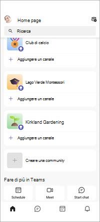 Schermata community gratuite di Teams per dispositivi mobili