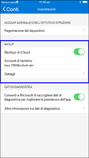 Schermata delle impostazioni di iOS, che mostra la posizione delle impostazioni di backup di iCloud