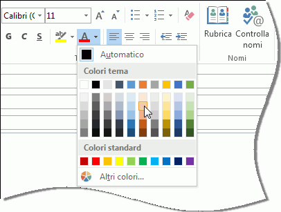 Tavolozza dei colori dei tipi di carattere sulla barra multifunzione