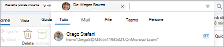 Immetti il testo nella barra di ricerca per visualizzare i suggerimenti dell'ambito di ricerca, ad esempio Tutti, Posta, File, Team e Persone.