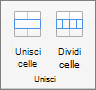 Screenshot che mostra il gruppo Unisci disponibile nella scheda Layout tabella, con le opzioni Unisci celle e Dividi celle.