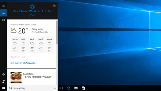 Schermata che mostra contenuto personalizzato di Cortana.