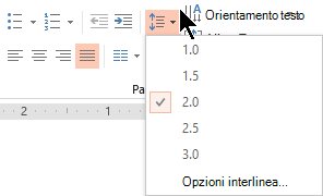 Le opzioni del menu Interlinea sulla barra multifunzione consentono di selezionare interlinea singola, interlinea doppia o altre opzioni di interlinea verticale.