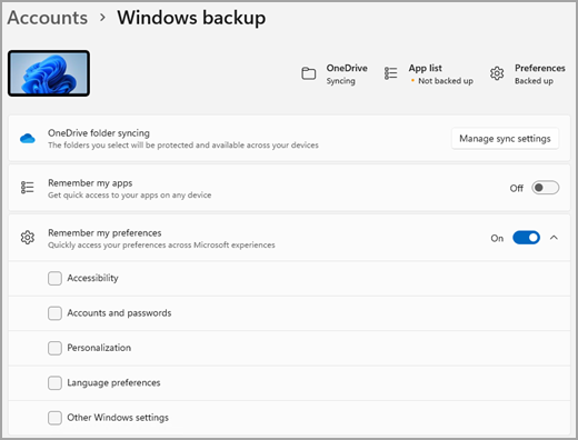 Pagina Windows Backup in Impostazioni Windows 11.