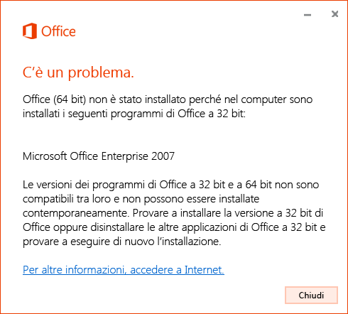 Non è possibile combinare versioni di Office a 32 bit e a 64 bit