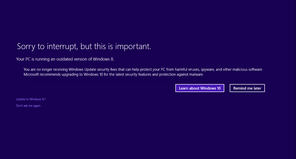 Il PC esegue una versione non aggiornata di Windows 8