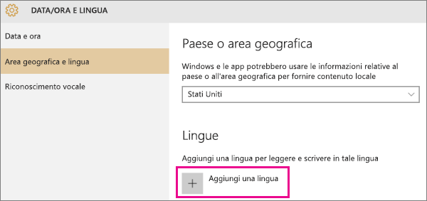 Aggiunta di una lingua in Windows 10