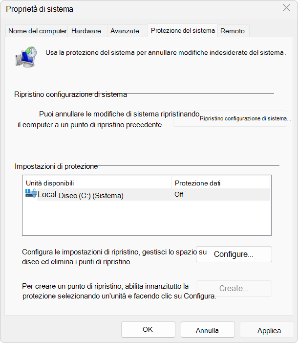 Screenshot delle impostazioni di Protezione sistema.