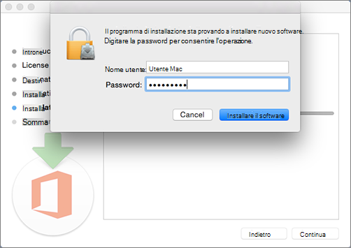 Immettere la password di amministratore per iniziare l'installazione