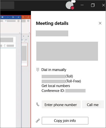 Nei dettagli della riunione sono disponibili i numeri di accesso esterno e un'area in cui è possibile immettere il numero di telefono e fare in modo che Teams chiami l'utente.