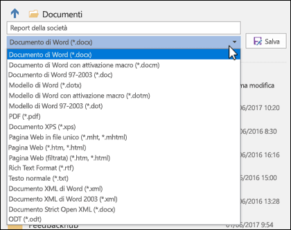 Fare clic sull'elenco a discesa del tipo di file per selezionare un formato di file diverso per il documento