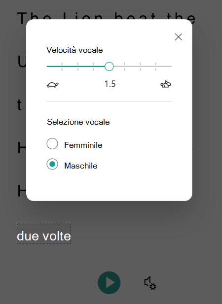 Finestra di dialogo Opzioni vocali in Strumento di lettura immersiva per Microsoft Lens per iOS.