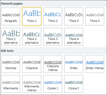 Screenshot di Elementi pagina e Stili testo, disponibili nel gruppo Stili della barra multifunzione di SharePoint Online.