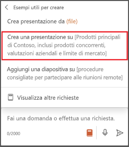Screenshot del menu di richiesta in Copilot in PowerPoint con l'opzione Crea una presentazione su evidenziata