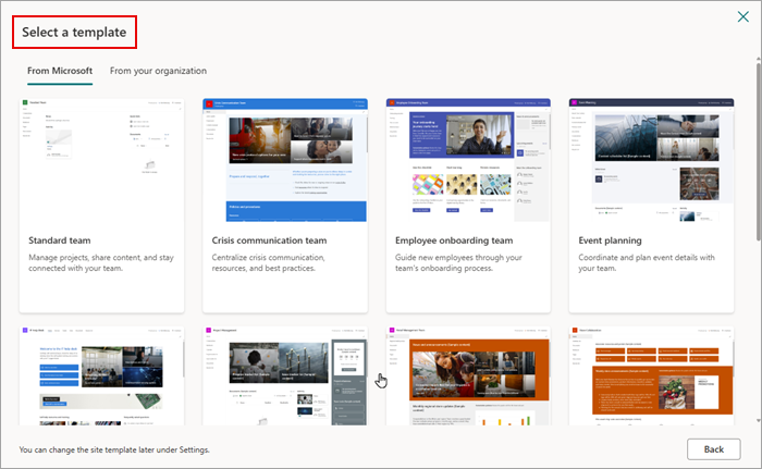 Screenshot che mostra i modelli che è possibile usare con il nuovo sito di SharePoint Online.