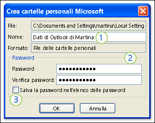 Finestra di dialogo Cartelle personali Microsoft