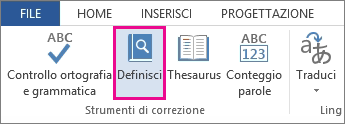 Immagine del comando Visualizza definizioni nella scheda Revisione
