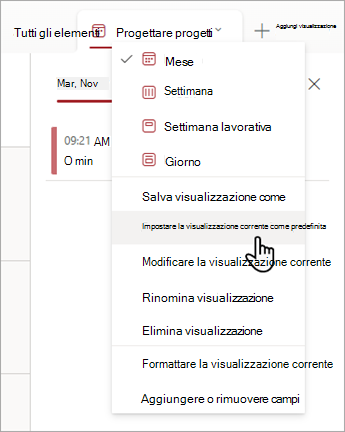 Screenshot che mostra come scegliere il comando Imposta visualizzazione corrente come predefinita in Elenchi.