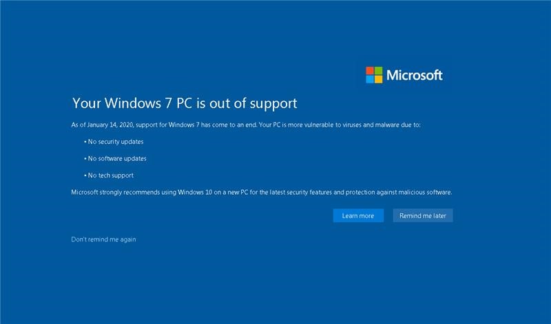 Il tuo PC Windows 7 non è in supporto.  A partire dal 14 gennaio 2020, il supporto per Windows 7 è arrivato al termine.  Il PC è più vulnerabile a virus e malware, a causa dell'assenza di altri aggiornamenti della sicurezza, aggiornamenti software o supporto tecnico.  Microsoft consiglia vivamente di usare Windows 10 in un nuovo PC per le funzionalità di sicurezza più recenti e la protezione da software dannoso.