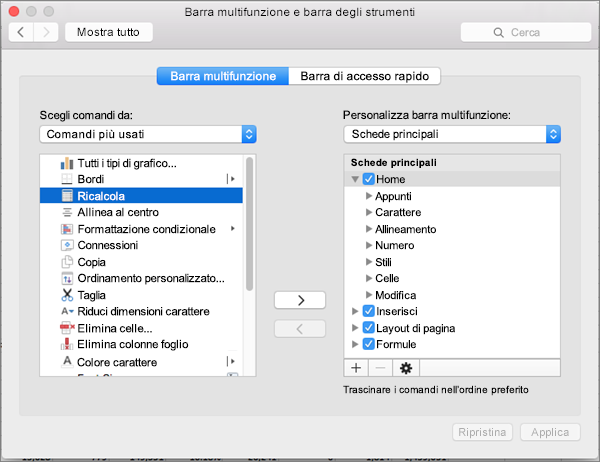 Personalizza barra multifunzione in Office 2016 per Mac