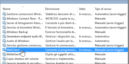 Services.msc con WebClient evidenziato