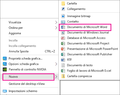 Nel desktop, selezionare Nuovo e quindi l'applicazione relativa al documento da creare.
