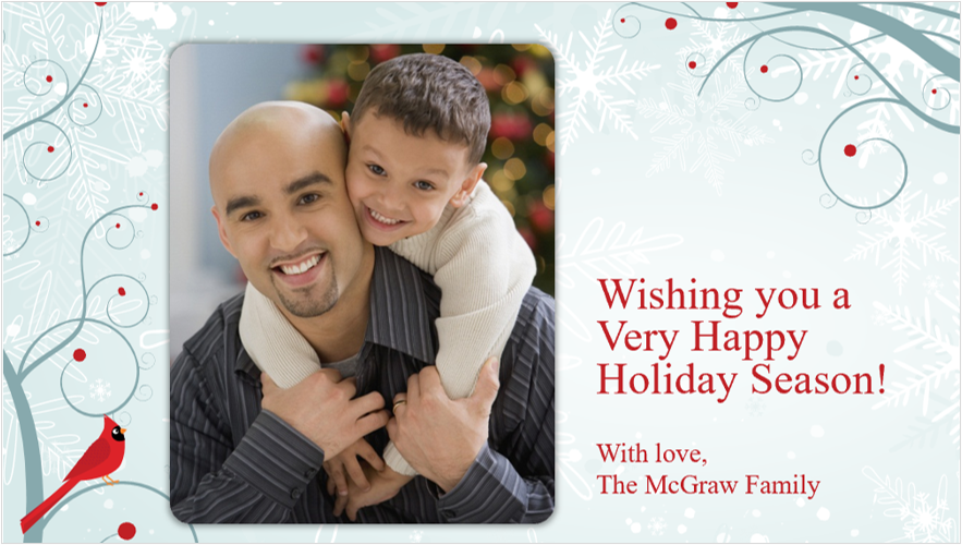 Immagine di un biglietto fotografico natalizio con un padre e un figlio