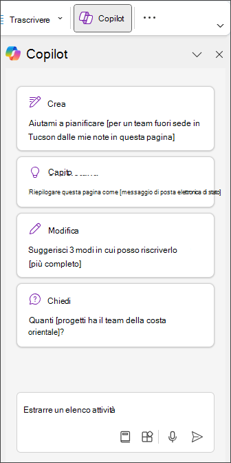 Digitare Estrai elenco attività nel riquadro Copilot in OneNote