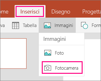Opzione Inserisci immagine da fotocamera in Office Mobile per Windows 10