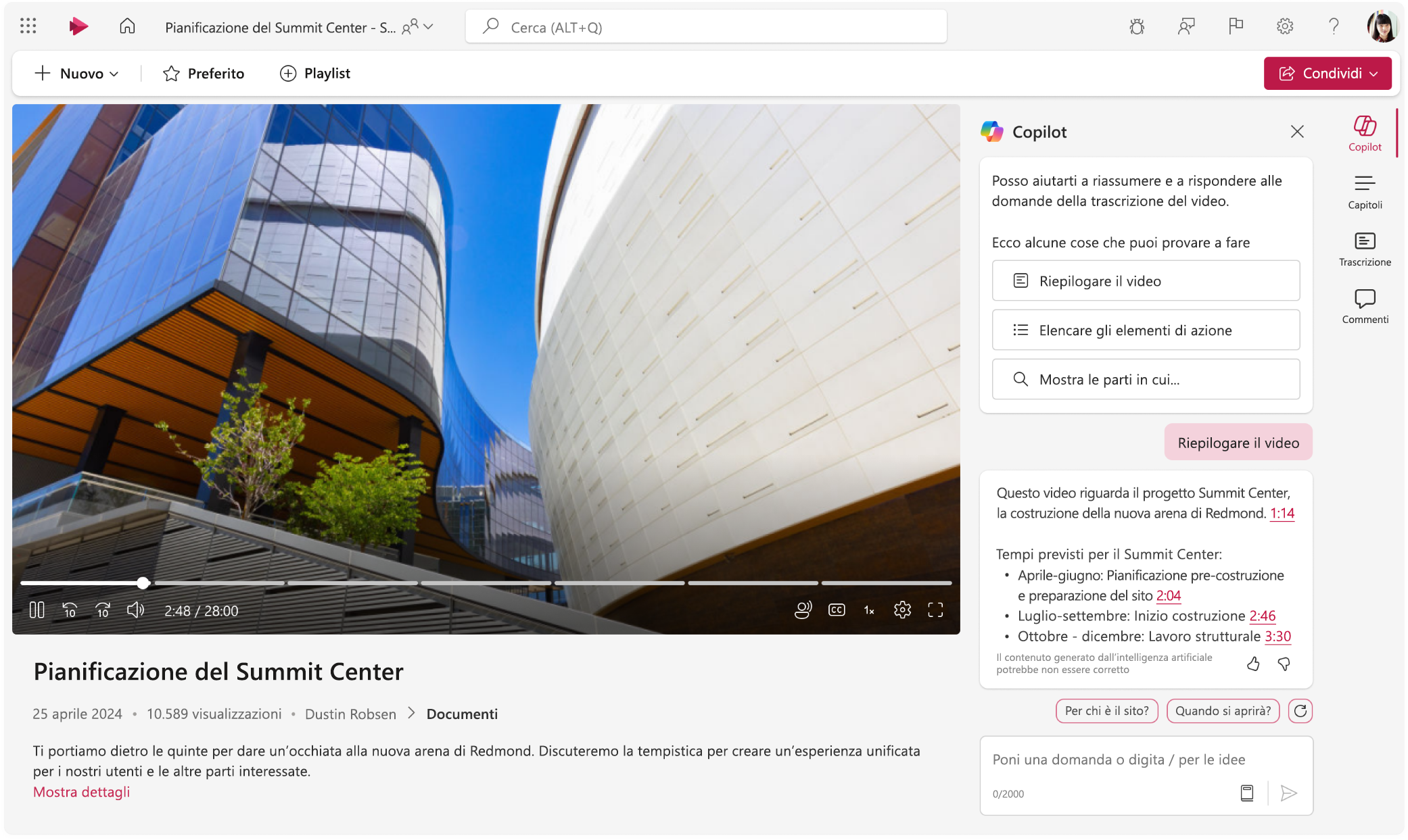 Screenshot che mostra il lettore video Microsoft Stream con il riquadro Copilot visualizzato.