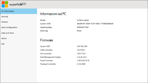 Schermata di informazioni del PC di UEFI di Surface